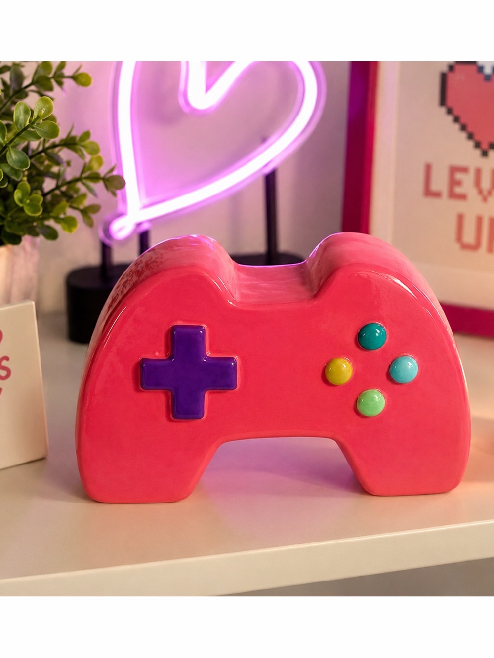 Hand Painted Pink Ceramic Game Controller Decor • Unique Gamer Shelf Art Gift